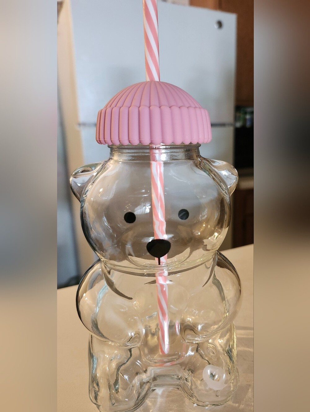NIB 20oz Bear-Shaped Glass Tumbler with Pink Lid & Straw